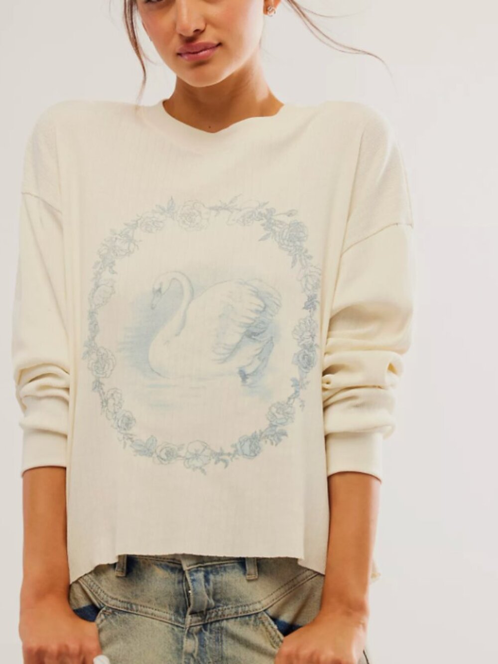 Daydreamer Free People Swan Graphic Ribbed Crop Top  - Medium - Vintage Wash